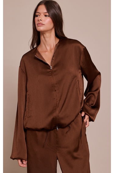 Dark Brown Textured Satin High Neck Jacket