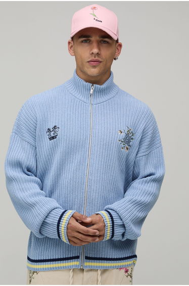 Funnel Neck Embroidered Knitted Track Jacket - light blue