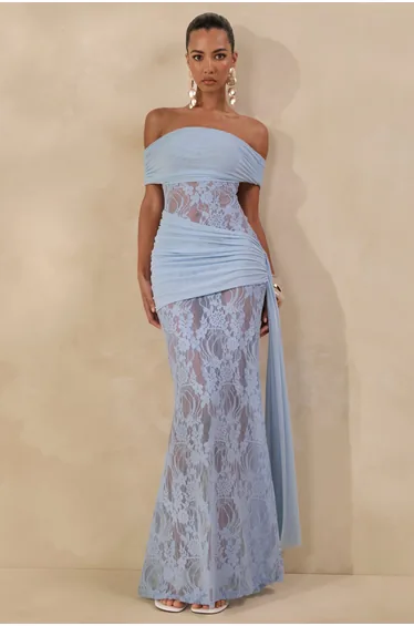 Enavine | Powder Blue Lace Bardot-Neck Maxi Dress With Gathered-Detailing And Sash