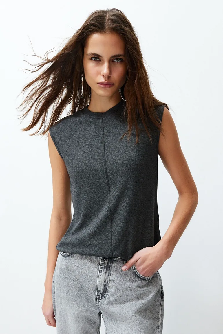 Anthracite Viscose/Soft Fabric Fitted/Sticky Knitted Blouse - 2