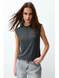 Anthracite Viscose/Soft Fabric Fitted/Sticky Knitted Blouse - 2