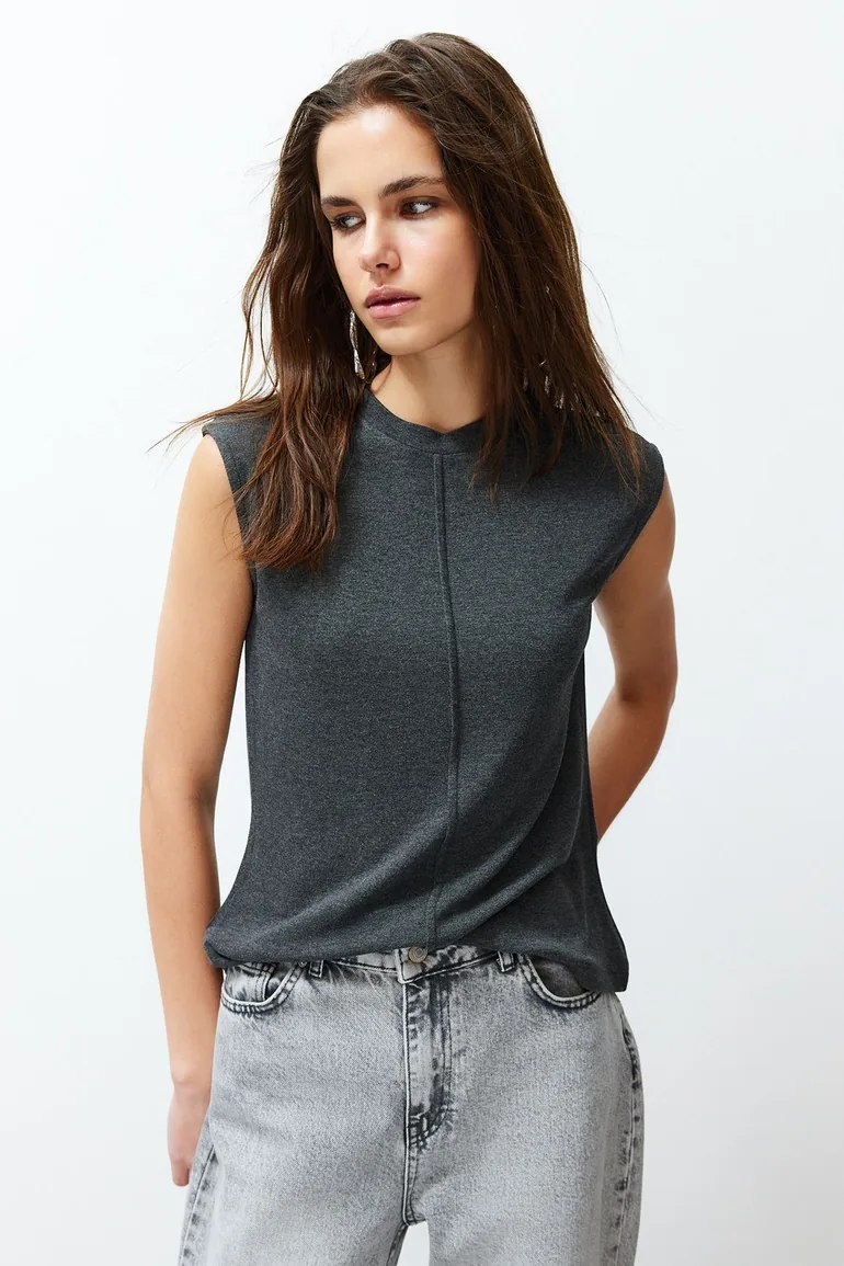 Anthracite Viscose/Soft Fabric Fitted/Sticky Knitted Blouse