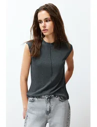 Anthracite Viscose/Soft Fabric Fitted/Sticky Knitted Blouse