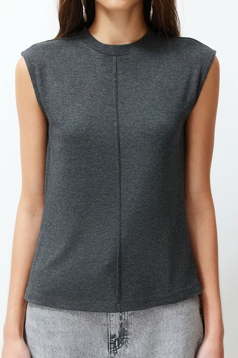 Anthracite Viscose/Soft Fabric Fitted/Sticky Knitted Blouse - 3