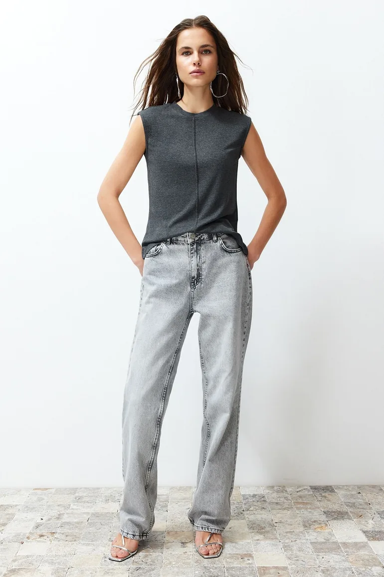 Anthracite Viscose/Soft Fabric Fitted/Sticky Knitted Blouse - 1