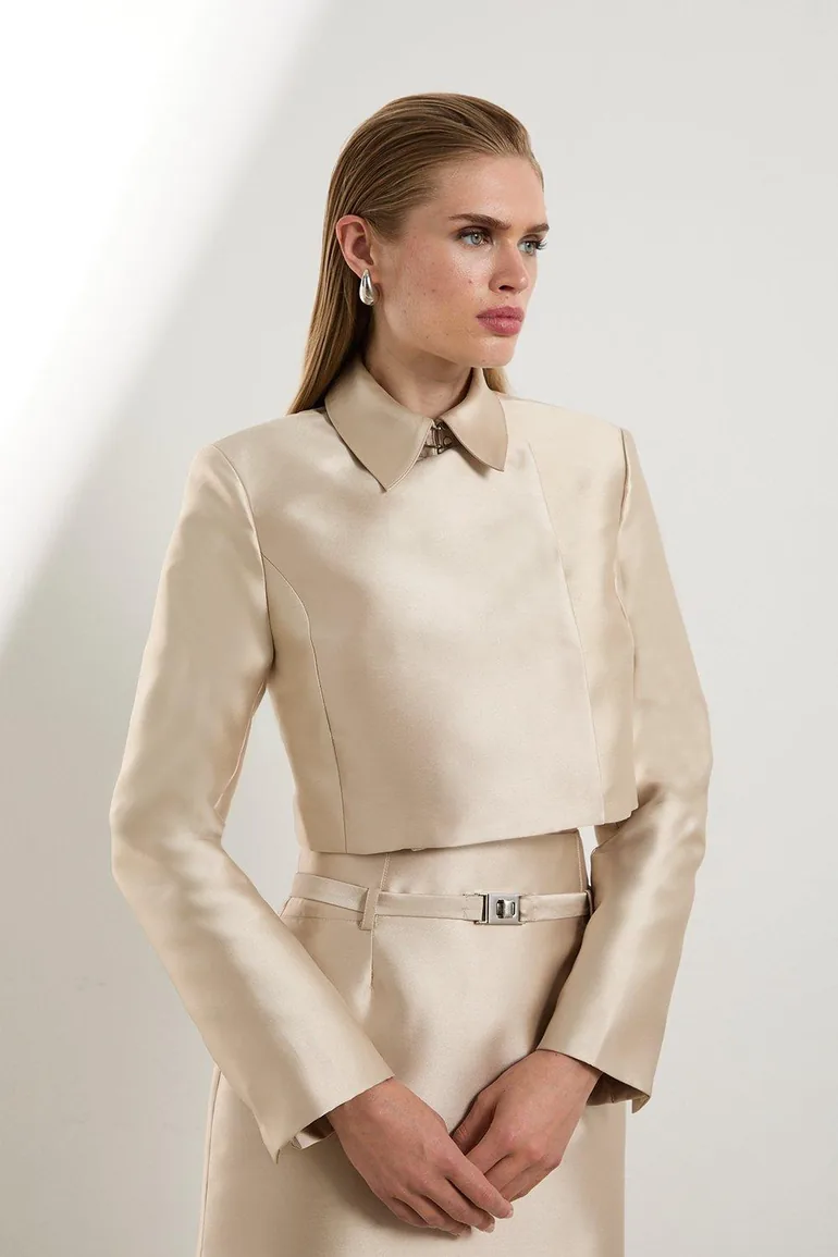 The Founder Satin Twill Cropped Wrap Tailored Jacket
