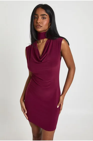 Slinky Plunge Front Scarf Detail Mini Dress - burgundy