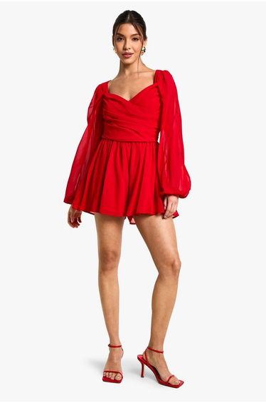 Chiffon Split Sleeve Playsuit - red