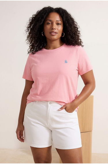 Pink Crew Neck Embroidery Detailed Regular Fit Plus Size T-Shirt
