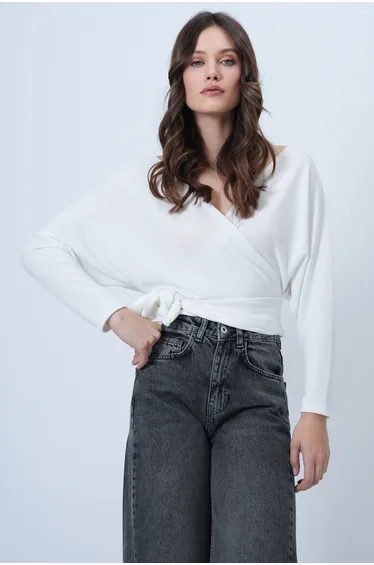 Women's Ecru Front Back Double-Breasted Neckline Tie Detail Ottoban Crop Blouse