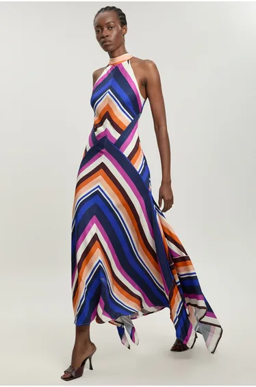Petite Fluid Stripe Cotton Mix Woven Maxi Halter Dress
