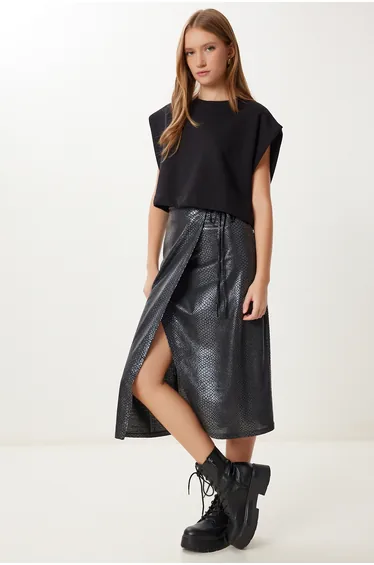Women's Anthracite Patterned Asymmetrical Midi Woven Skirt
