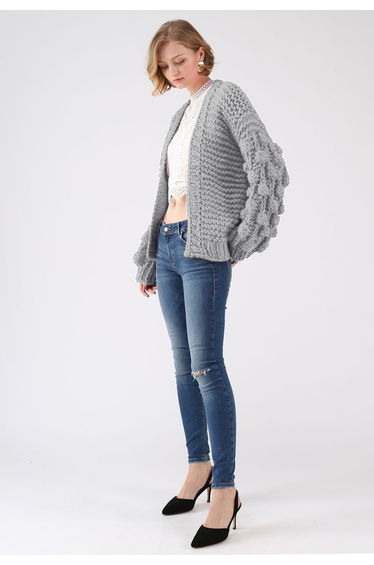 Cuteness on Sleeves Chunky Cardigan in Grey