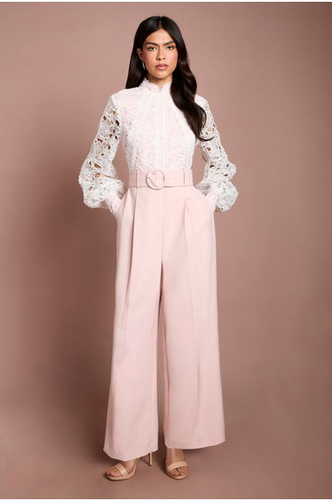 Organza Lace Belted Long Sleeve Jumpsuit