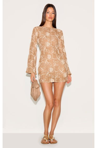 Tan Textured Floral Long Sleeve Shift Dress
