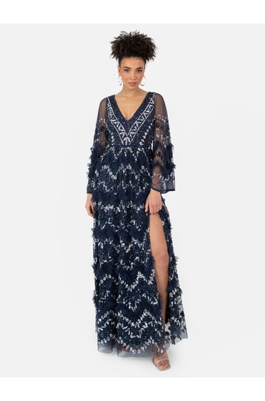 Maya Navy Fully Embellished Maxi Dress With Frill Detail