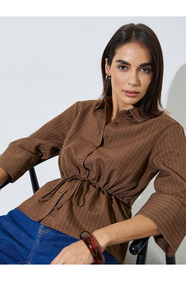 Tan Pinstripe 3/4 Sleeve Shirt with Drawstring Waist