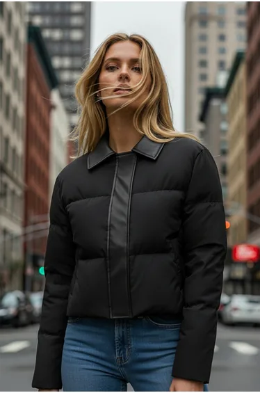 Black Oversize Puffer Coat with Faux Leather Detail on Molded Collar