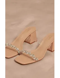 Nude PU Wide Fit Square Toe Jewel Perspex Block Heeled Mules - 3