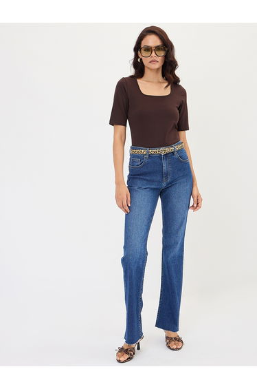Brown Square Neck Short Sleeve Bodysuit