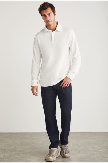 Tremont Men's 100% Organic Cotton Slim Fit Textured Polo Collar Long Sleeve Ecru T-Shirt