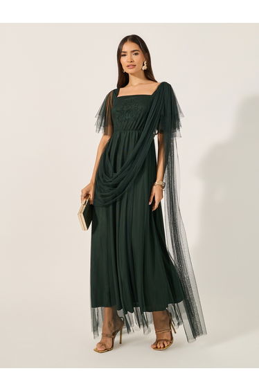 Embroidered Detail Flared Sleeves A-Line Maxi Dress