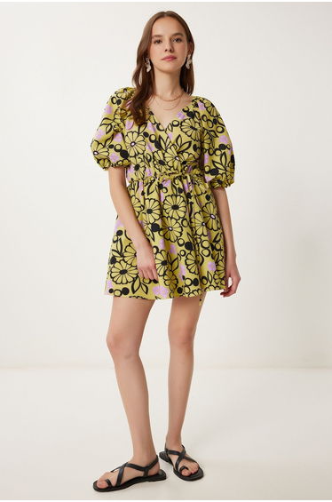 Women's Yellow Lilac Wrap Collar Patterned Summer Dress
