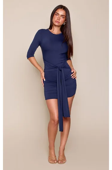 Navy Soft Touch Cropped Sleeve Wrap Detail Mini Dress