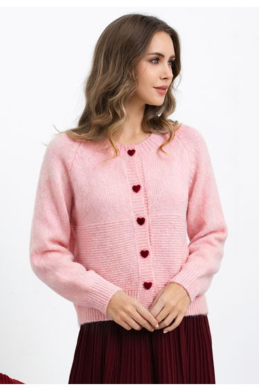Textured Panel Heart-Button Knit Cardigan in Pink