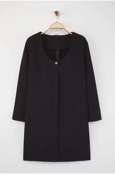 Black Square Neck Button Detailed Long Sleeve Mini Woven Plus Size Dress