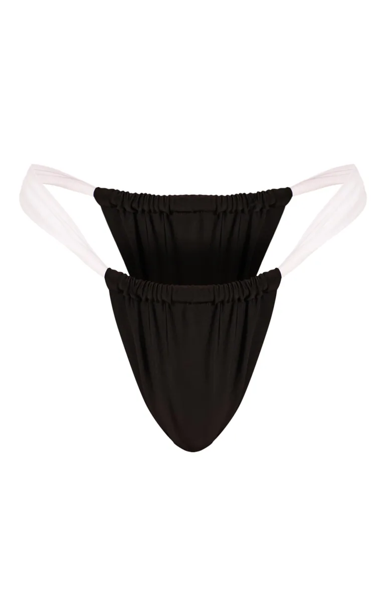 Black Contrast Wide Strap Thong Bikini Bottoms - 4