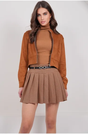 Women's Tan Plaid Patterned Belted Pleated Skirt