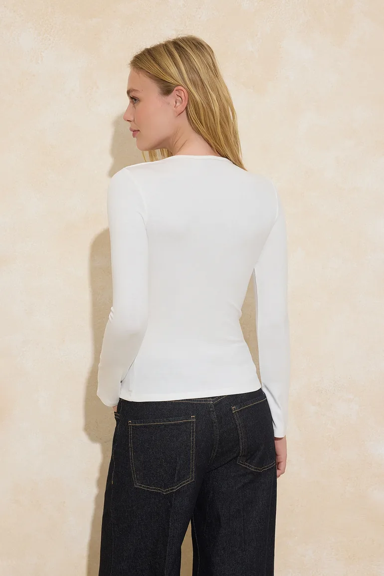 Ecru Fitted/Bodycon Asymmetric Neckline Accessory Detail Premium Soft Knitted Blouse - 3