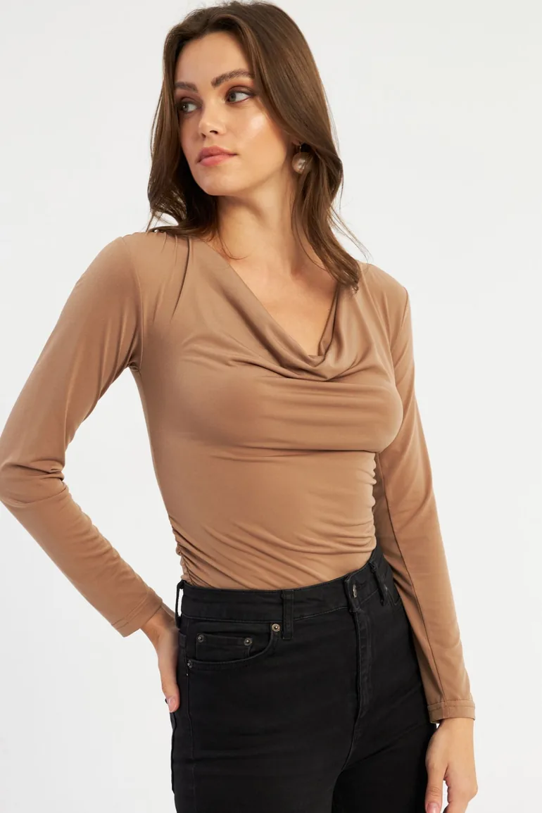 Women's Camel Cowl Collar Gathered Blouse