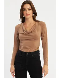 Women's Camel Cowl Collar Gathered Blouse - 1