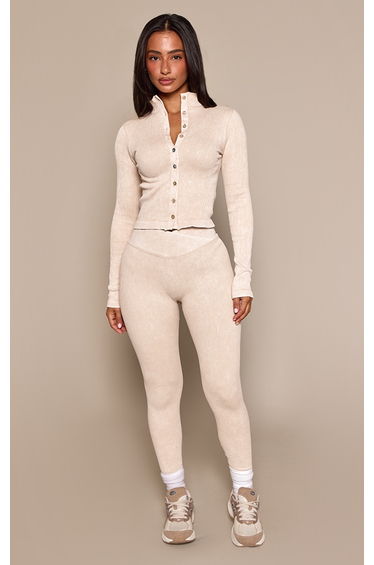 Petite Cream Asymmetric Waist Contour Rib Leggings