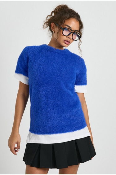 Fluffy Knit Oversized Knitted Top - cobalt