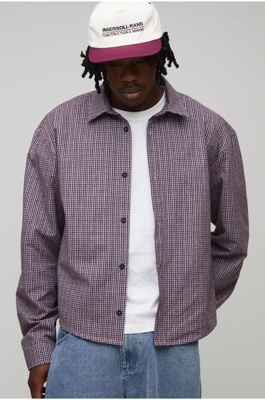 Tall Oversized Boxy Official Depot Print Micro Check Shirt - blue