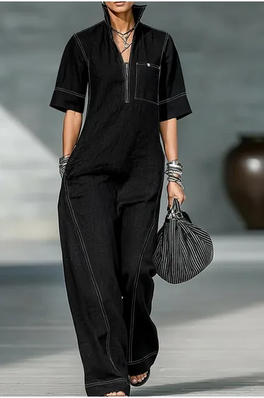 Loose Short Sleeves Pockets Solid Color Zipper Stand Collar Jumpsuits