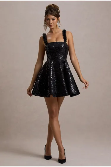 Carena | Black Sequin Lace Floral Skater Mini Dress