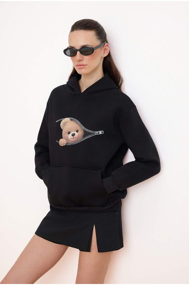 Black Thick Fleece-Lined Slogan Oversize/Loose Fit Hooded Knitted Sweatshirt