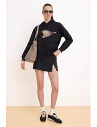 Black Thick Fleece-Lined Slogan Oversize/Loose Fit Hooded Knitted Sweatshirt - 1