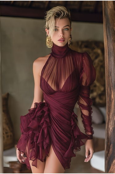 Éléna Burgundy Asymmetrical Ruffled Tulle Mini Dress