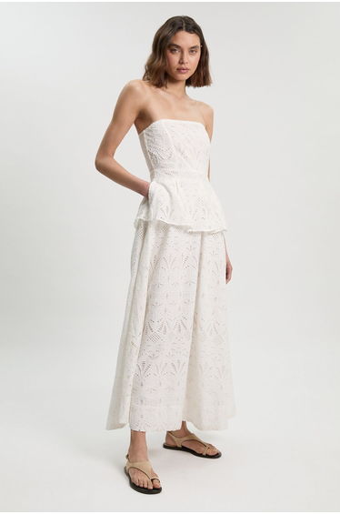 Cotton Broderie Peplum Bandeau Midi Dress