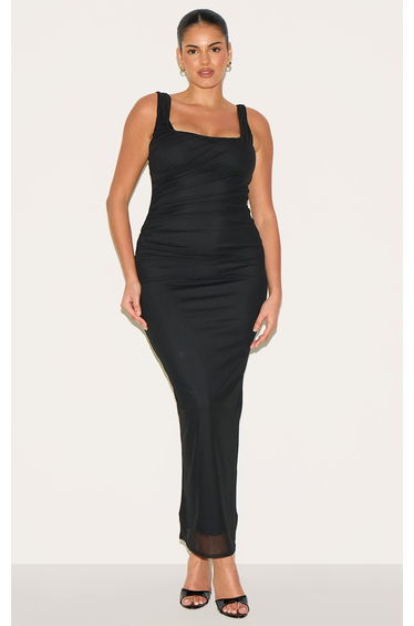 Plus Black Double Layer Mesh Square Neck Ruched Midaxi Dress