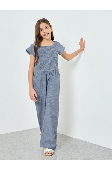 Girls Blue Cotton Smocking Detail Jumpsuit
