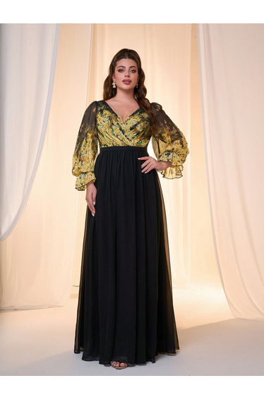 Leely Plus Women's Elegant Chiffon A-Line Evening Gown