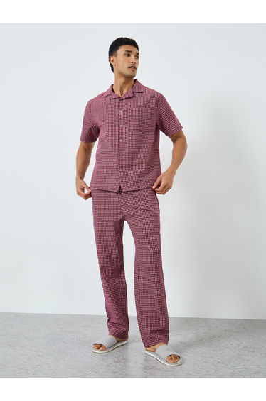 Men Red Checked Shirt and Pyjama Set