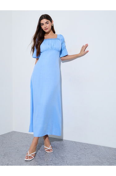 Blue Lace Trim Square Neck Maxi Dress