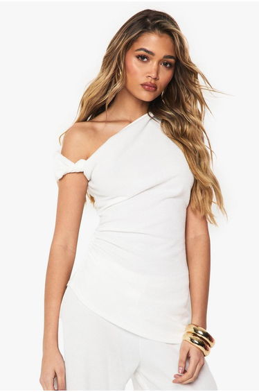 Textured Off Shoulder Ruched Top - ecru